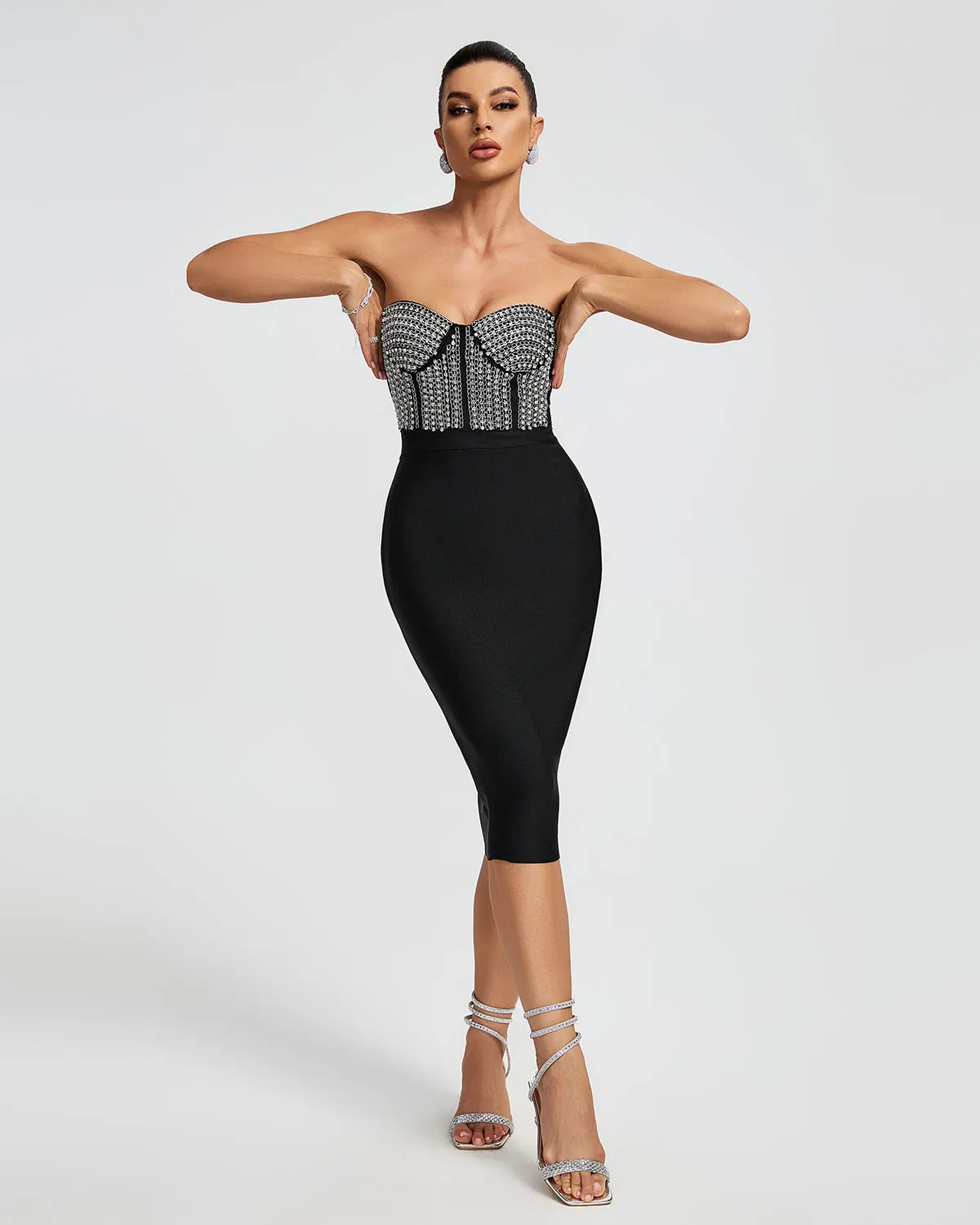 Rhinestone Bandage Bustier Midi Dress