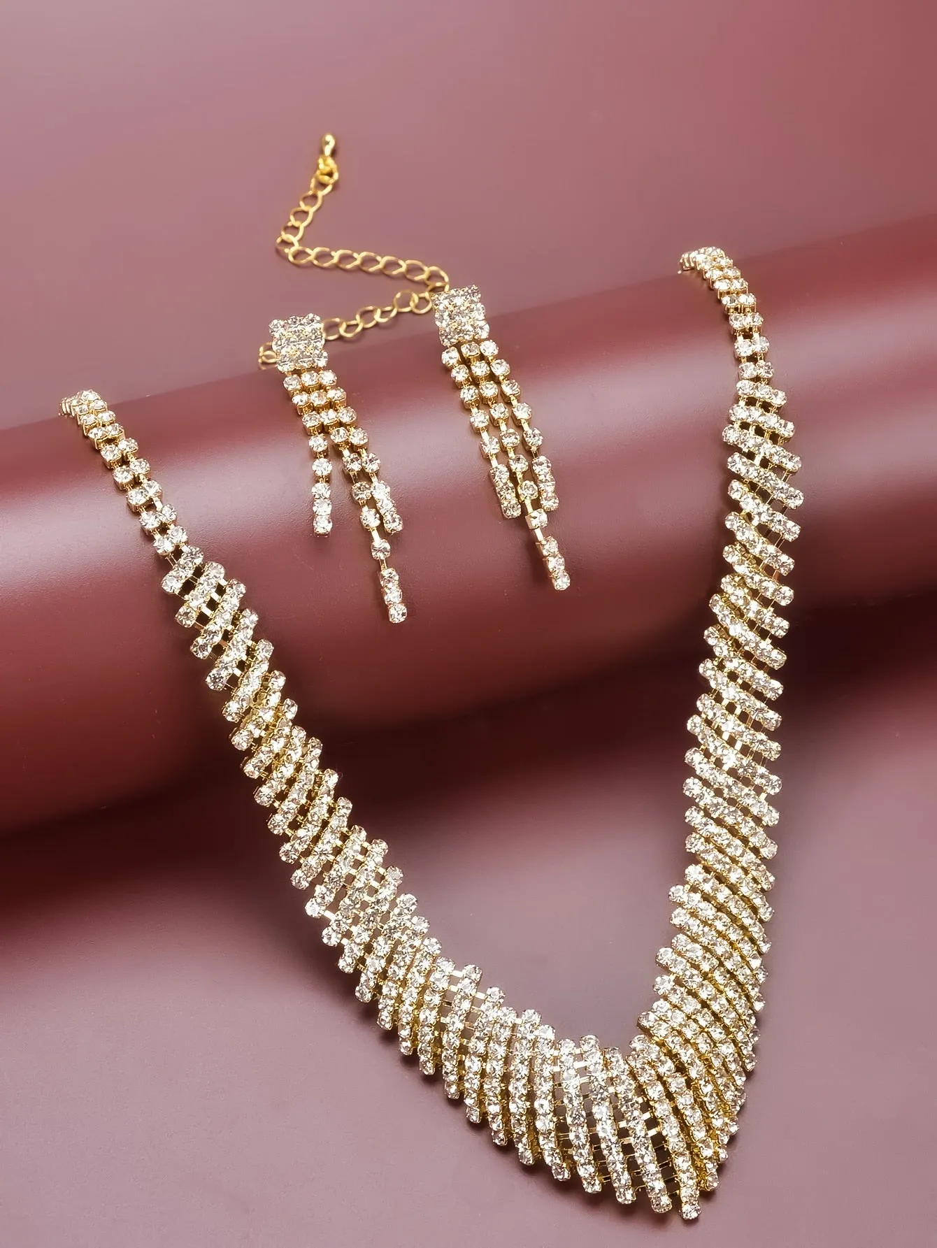 Rhinestone Decor Drop Earrings & Necklace - Gold