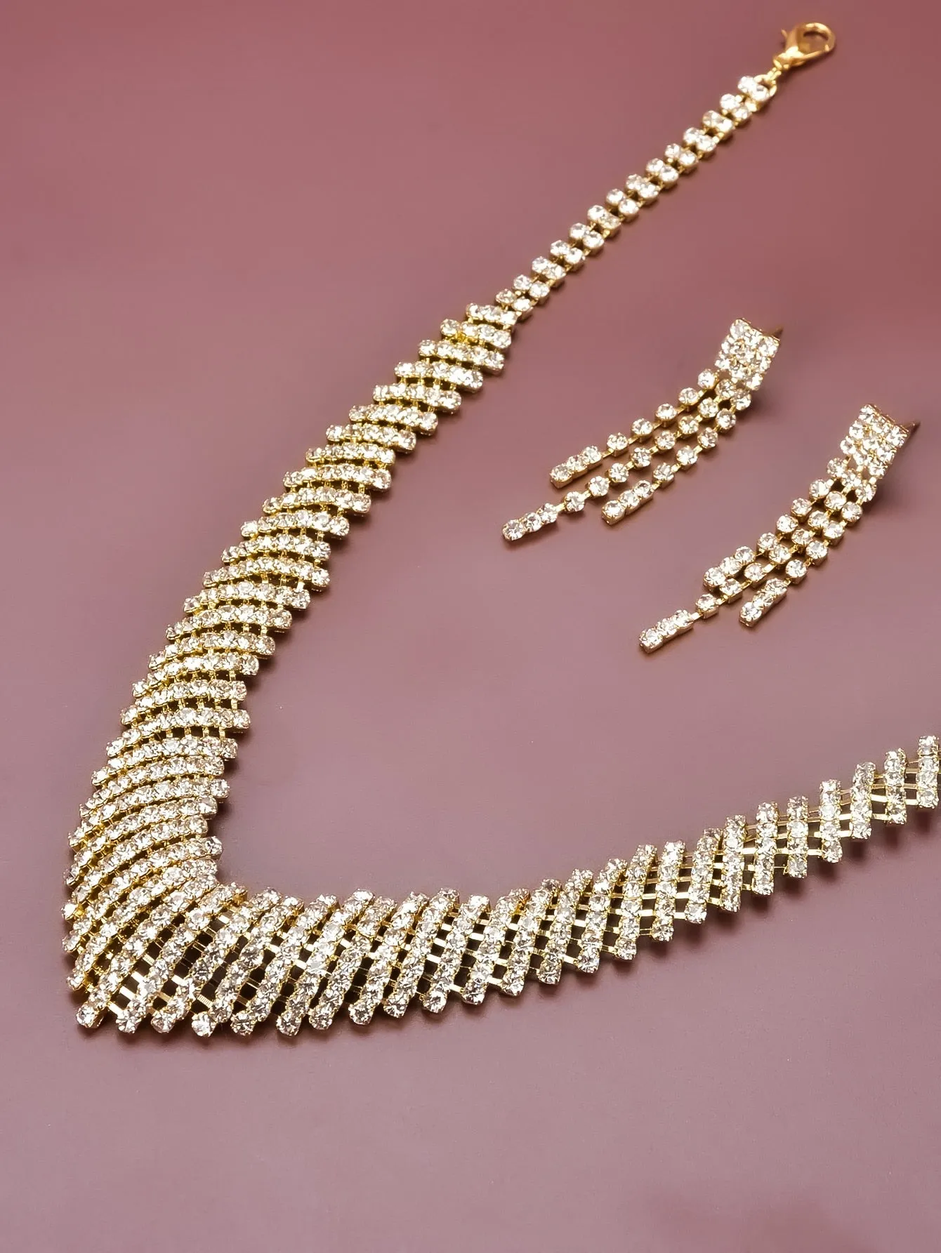Rhinestone Decor Drop Earrings & Necklace - Gold