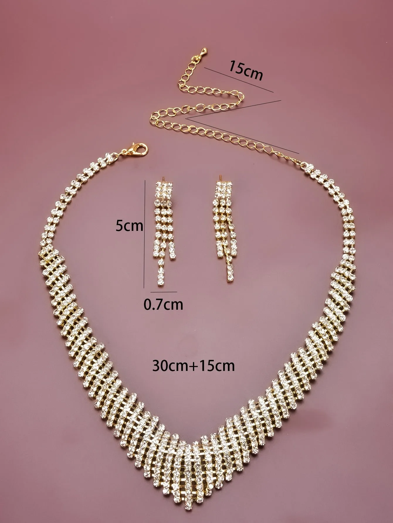 Rhinestone Decor Drop Earrings & Necklace - Gold