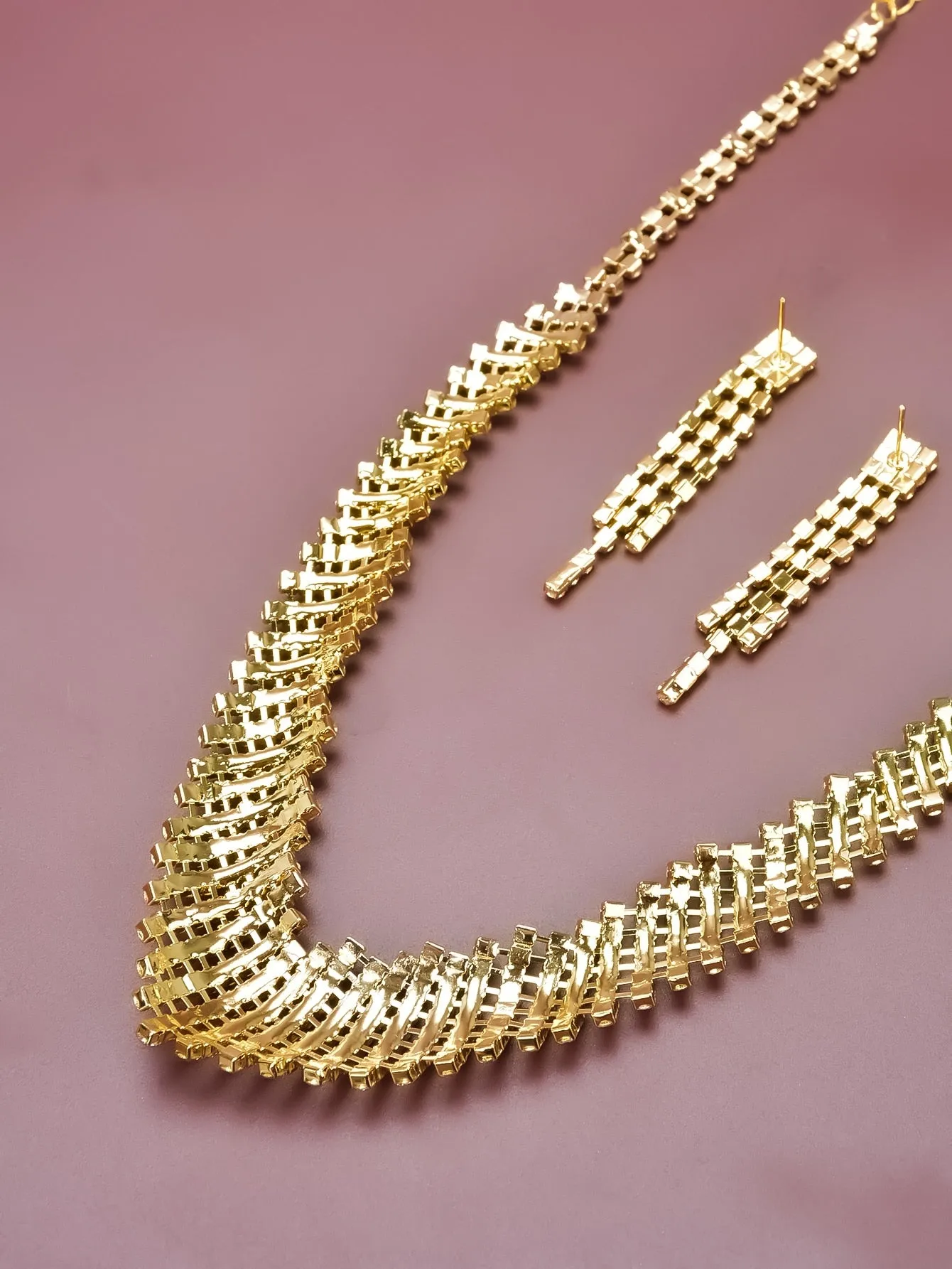 Rhinestone Decor Drop Earrings & Necklace - Gold