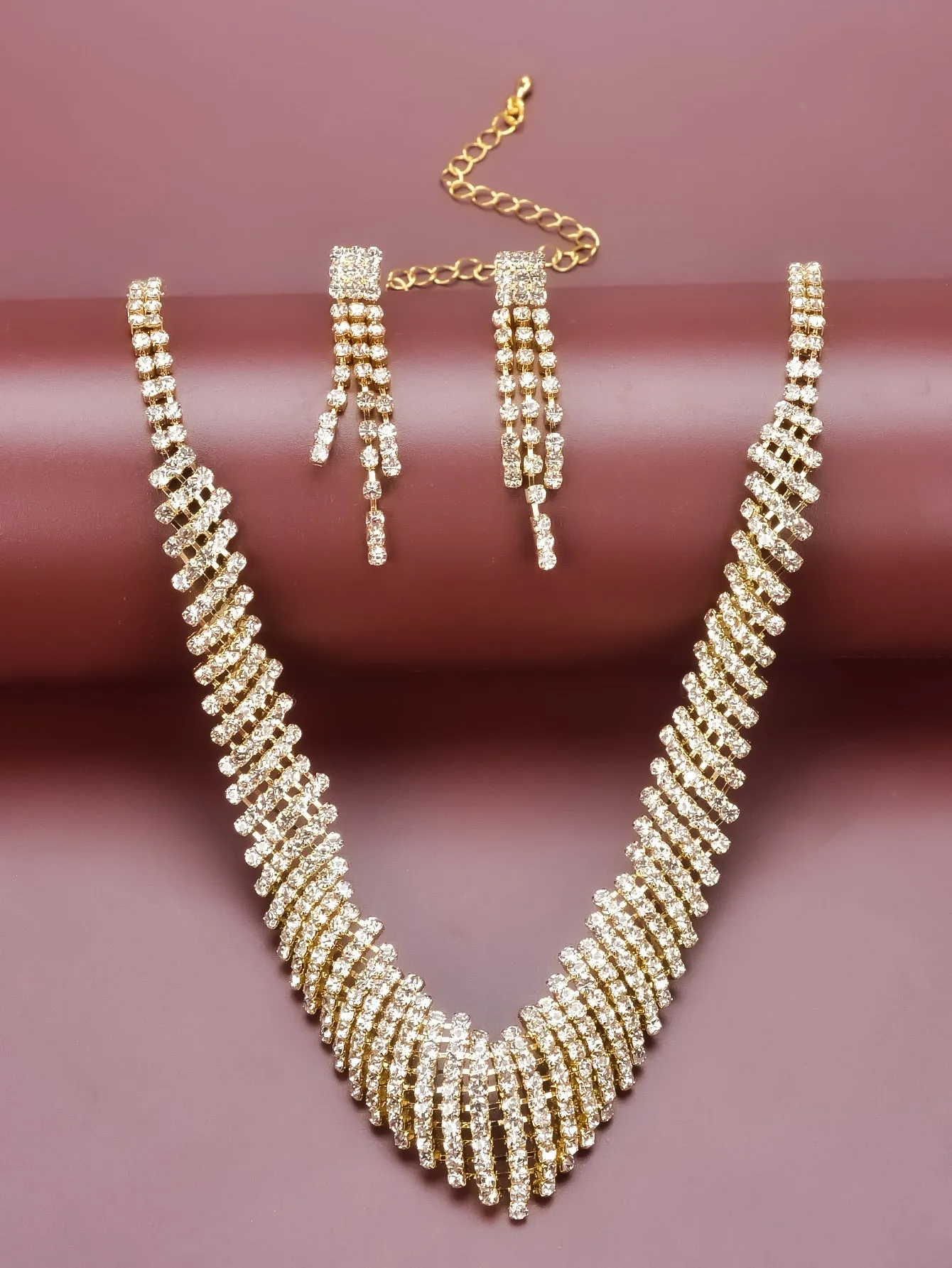 Rhinestone Decor Drop Earrings & Necklace - Gold