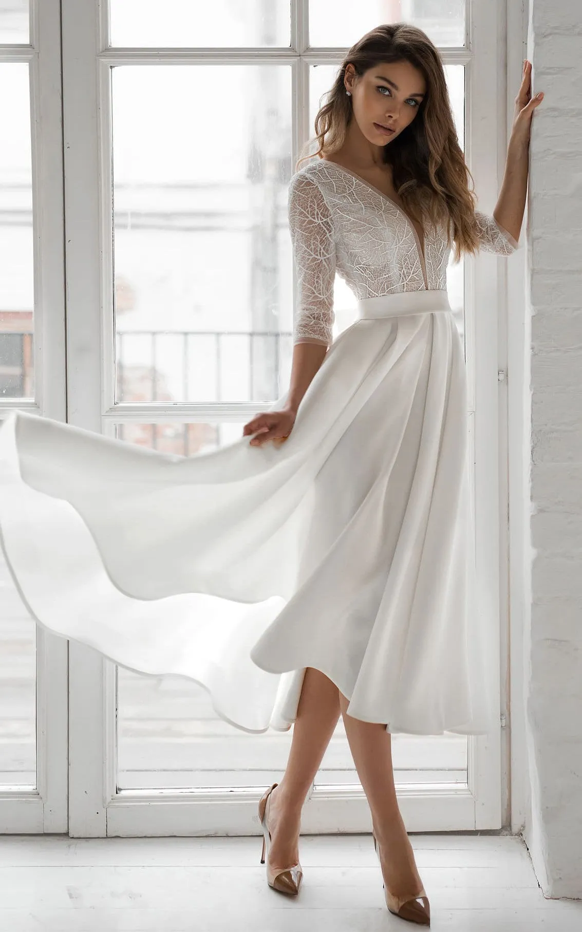 Romantic Satin V-neck A Line Tea-length Wedding Dress with Ruching and Sash-716046