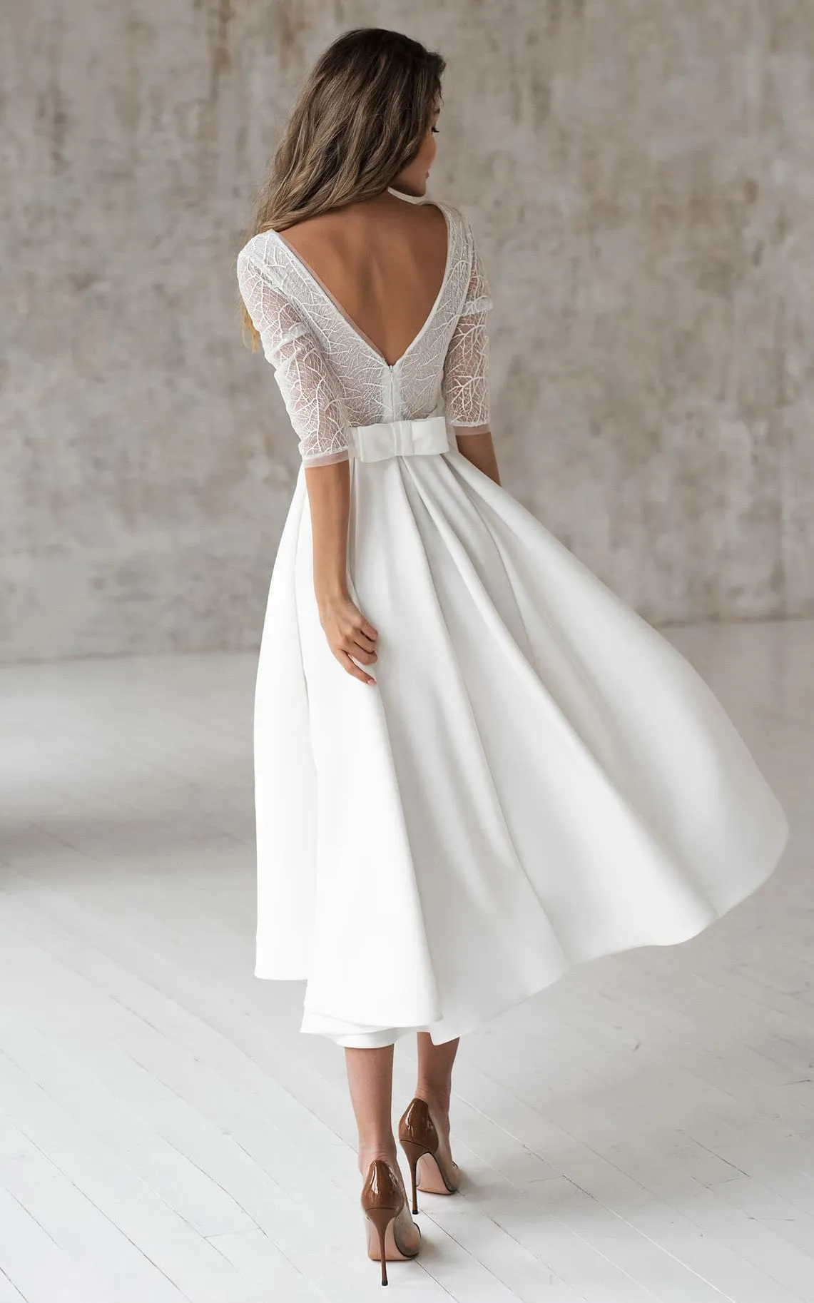 Romantic Satin V-neck A Line Tea-length Wedding Dress with Ruching and Sash-716046