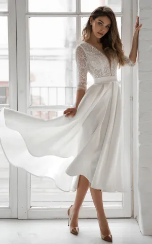 Romantic Satin V-neck A Line Tea-length Wedding Dress with Ruching and Sash-716046