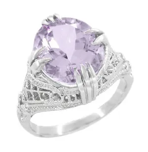Rose de France Oval Art Deco Filigree Right Hand Ring in 14 Karat White Gold