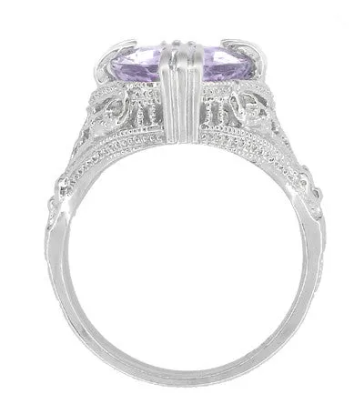 Rose de France Oval Art Deco Filigree Right Hand Ring in 14 Karat White Gold