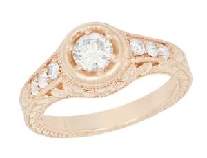 Rose Gold Art Deco Filigree Flowers & Scrolls 1/2 Carat Engraved Diamond Engagement Ring
