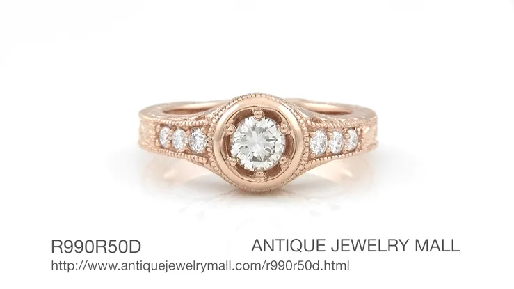 Rose Gold Art Deco Filigree Flowers & Scrolls 1/2 Carat Engraved Diamond Engagement Ring