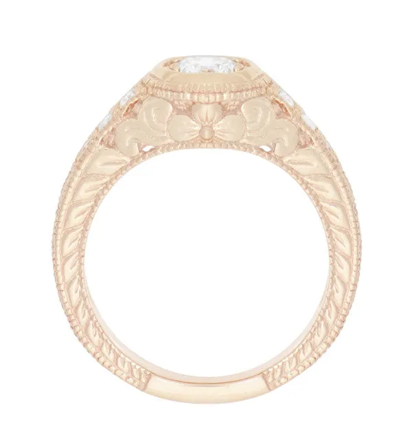 Rose Gold Art Deco Filigree Flowers & Scrolls 1/2 Carat Engraved Diamond Engagement Ring