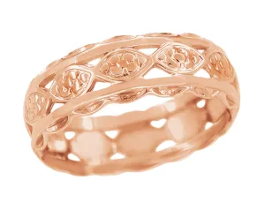 Rose Gold Art Deco Sculptural Floral Scalloped Filigree Wedding Band - 6.5mm Wide