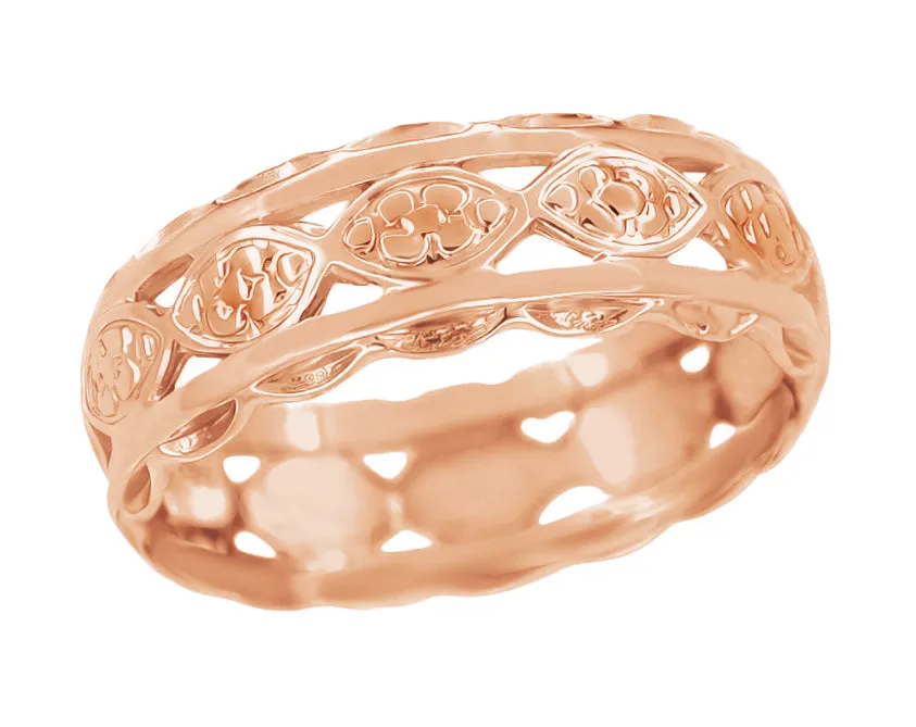 Rose Gold Art Deco Sculptural Floral Scalloped Filigree Wedding Band - 6.5mm Wide