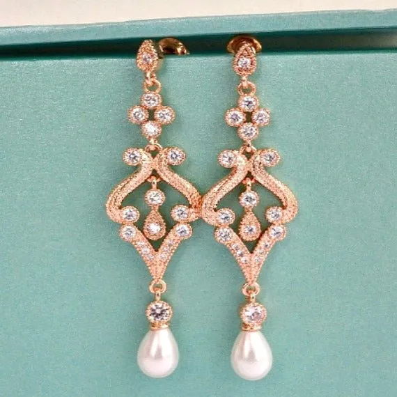 Rose Gold Pearl Drop Bridal Earrings. Pearl Crystal CZ Chandelier Bridal Earrings. Wedding Earrings. Wedding Jewelry. Bridesmaid Earrings.