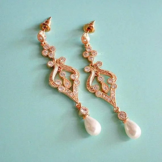 Rose Gold Pearl Drop Bridal Earrings. Pearl Crystal CZ Chandelier Bridal Earrings. Wedding Earrings. Wedding Jewelry. Bridesmaid Earrings.