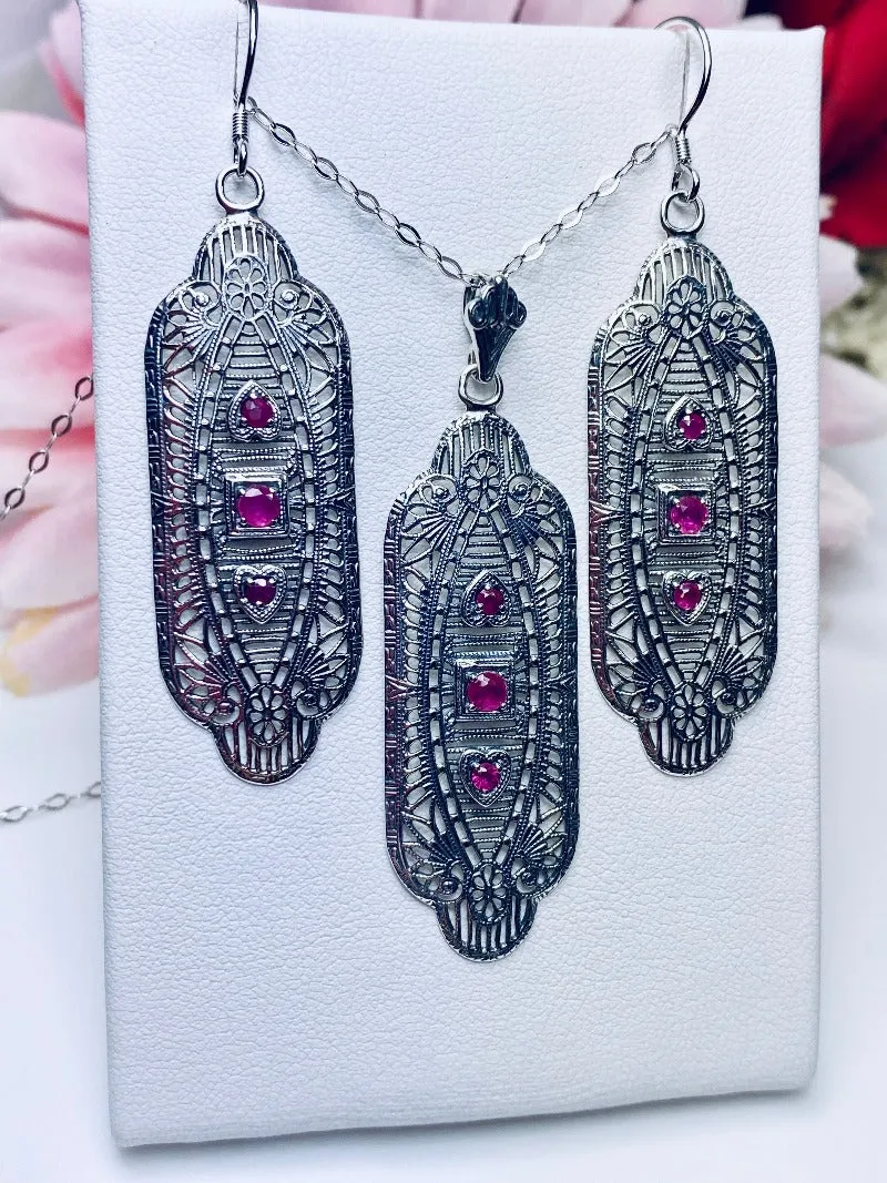 Ruby Earrings & Pendant Set, Simulated or Natural Gemstones, Angel Wings Vintage Revival Jewelry #S359