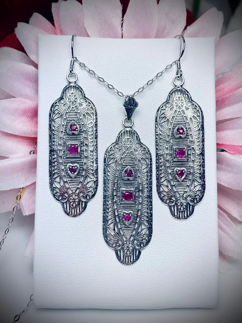 Ruby Earrings & Pendant Set, Simulated or Natural Gemstones, Angel Wings Vintage Revival Jewelry #S359