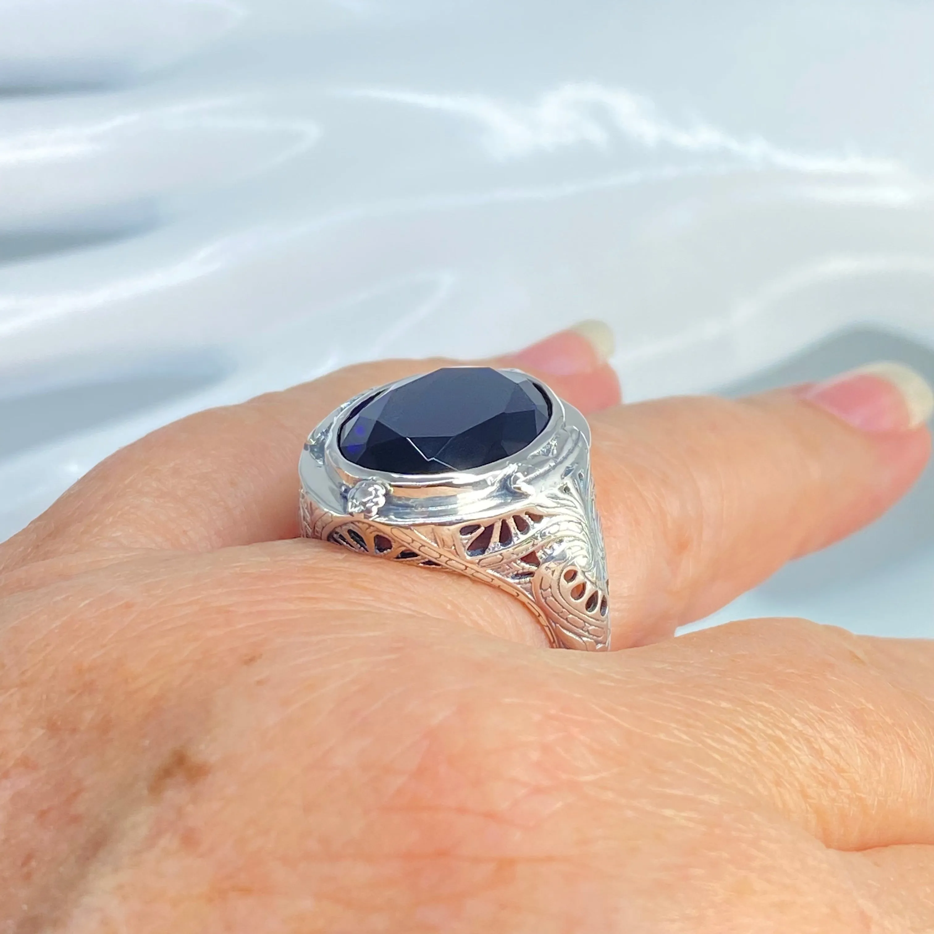 Sapphire Ring, Large Oval Ring, Victorian Jewelry #D2