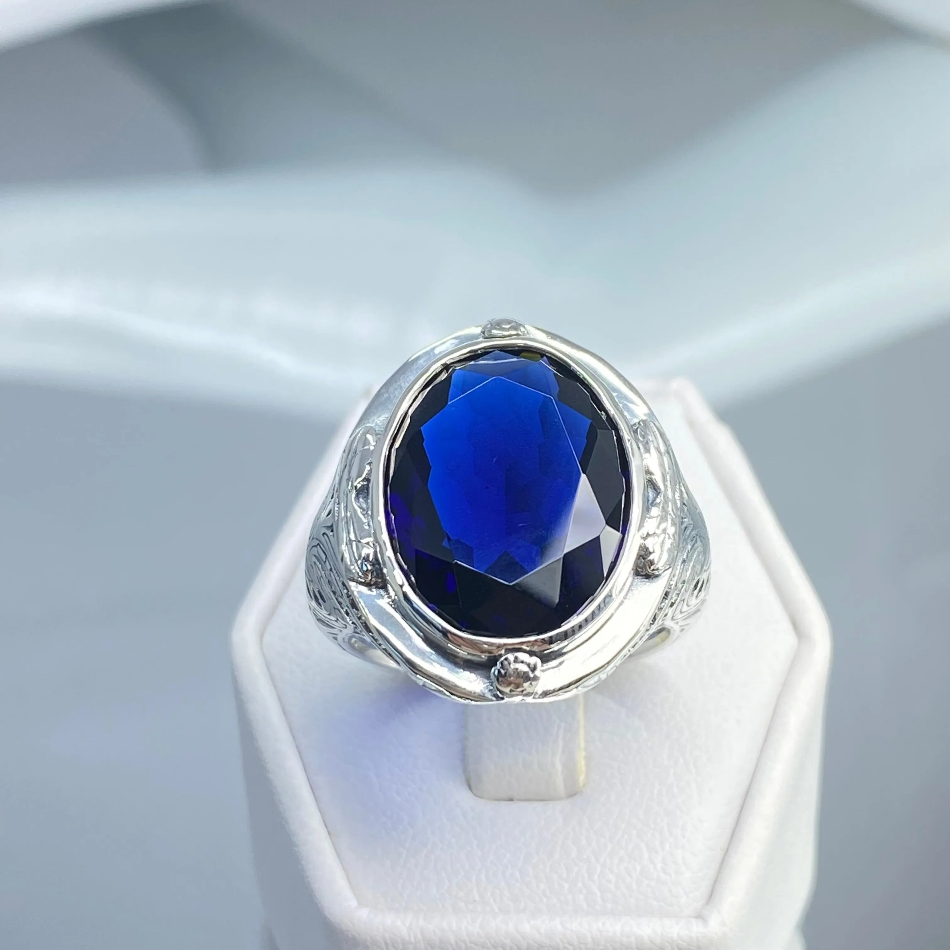 Sapphire Ring, Large Oval Ring, Victorian Jewelry #D2