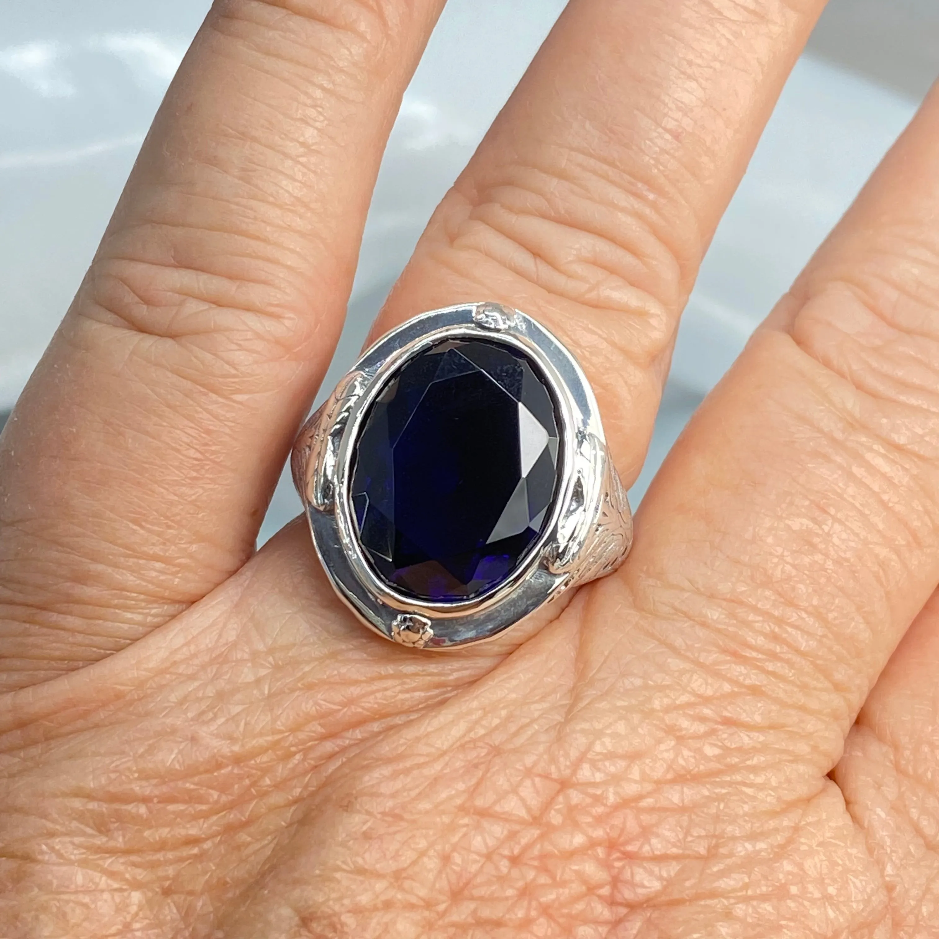 Sapphire Ring, Large Oval Ring, Victorian Jewelry #D2
