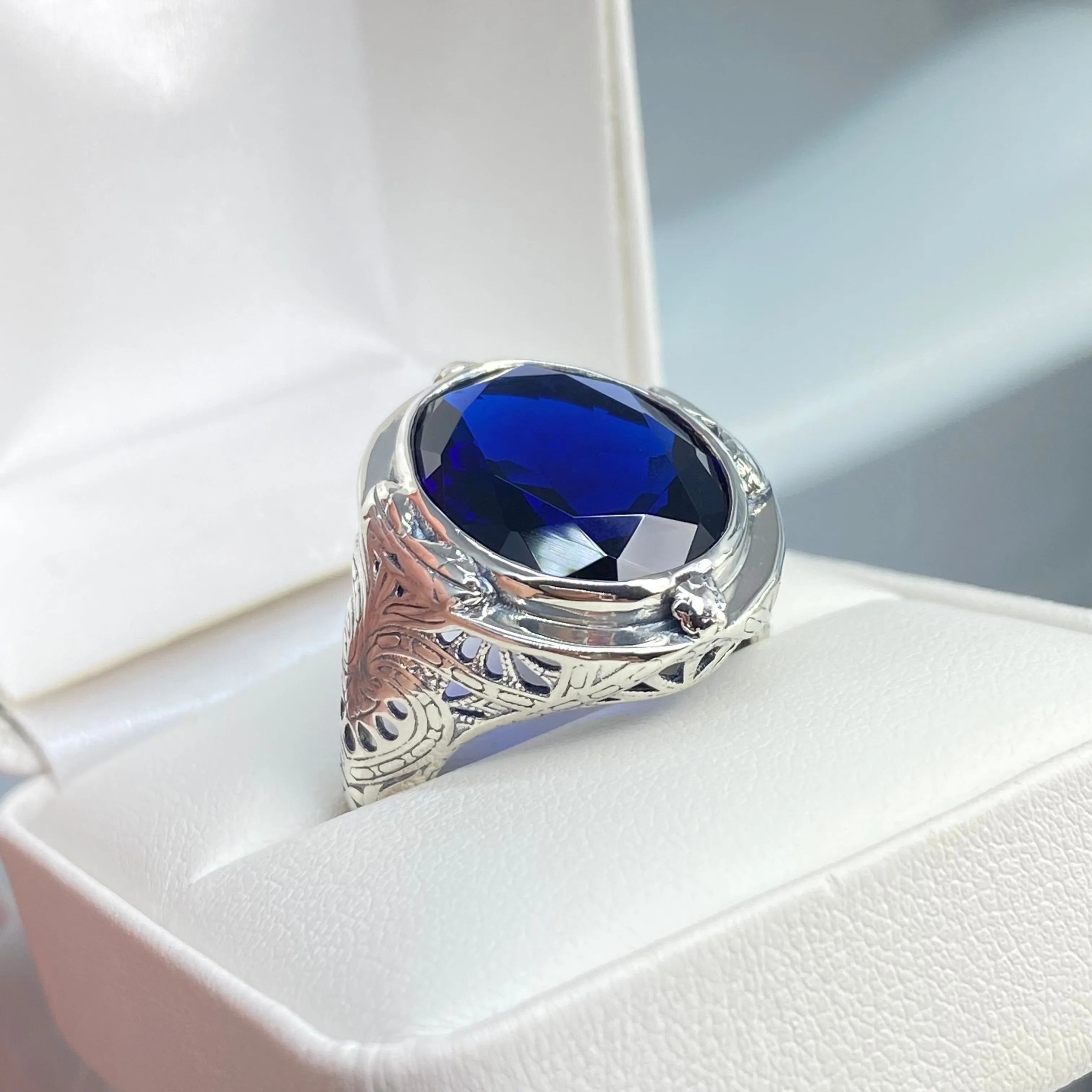 Sapphire Ring, Large Oval Ring, Victorian Jewelry #D2