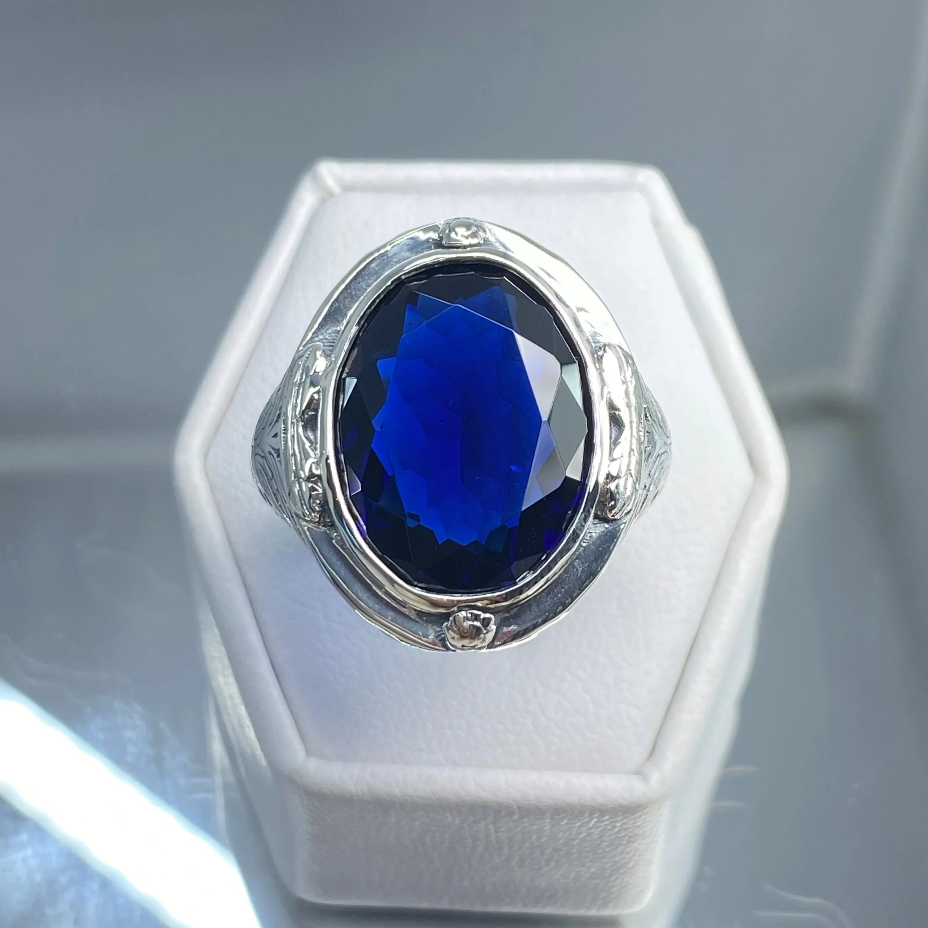 Sapphire Ring, Large Oval Ring, Victorian Jewelry #D2
