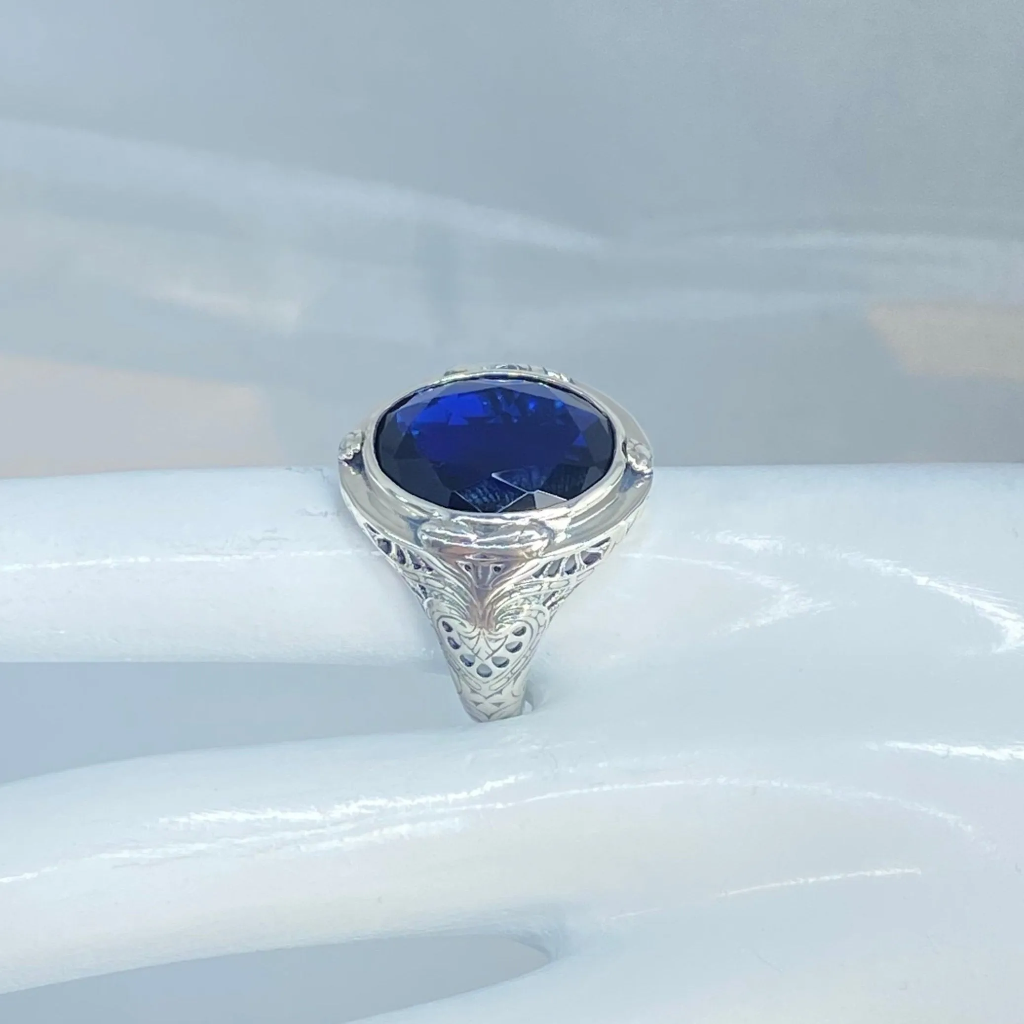 Sapphire Ring, Large Oval Ring, Victorian Jewelry #D2