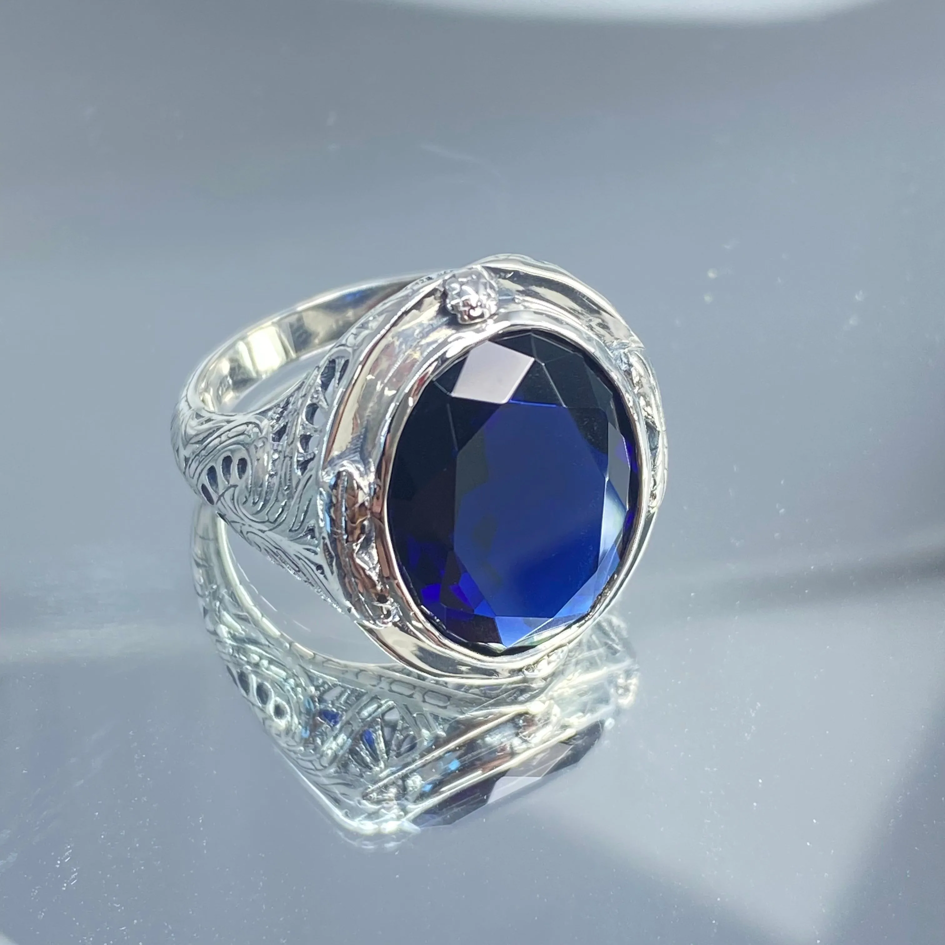 Sapphire Ring, Large Oval Ring, Victorian Jewelry #D2