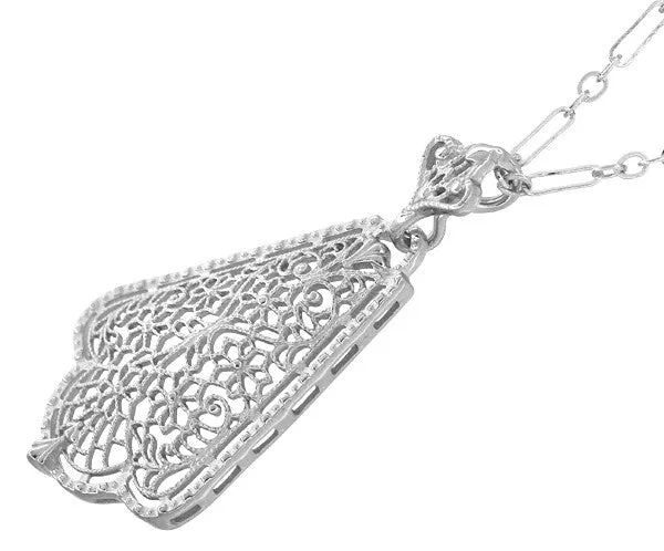 Scalloped Leaf Dangling Filigree Edwardian Pendant Necklace in Sterling Silver