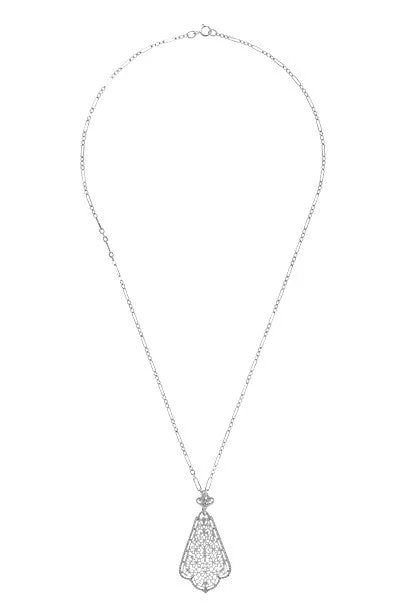 Scalloped Leaf Dangling Filigree Edwardian Pendant Necklace in Sterling Silver
