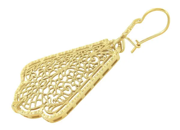 Scalloped Leaf Dangling Sterling Silver Filigree Edwardian Earrings with Yellow Gold Vermeil