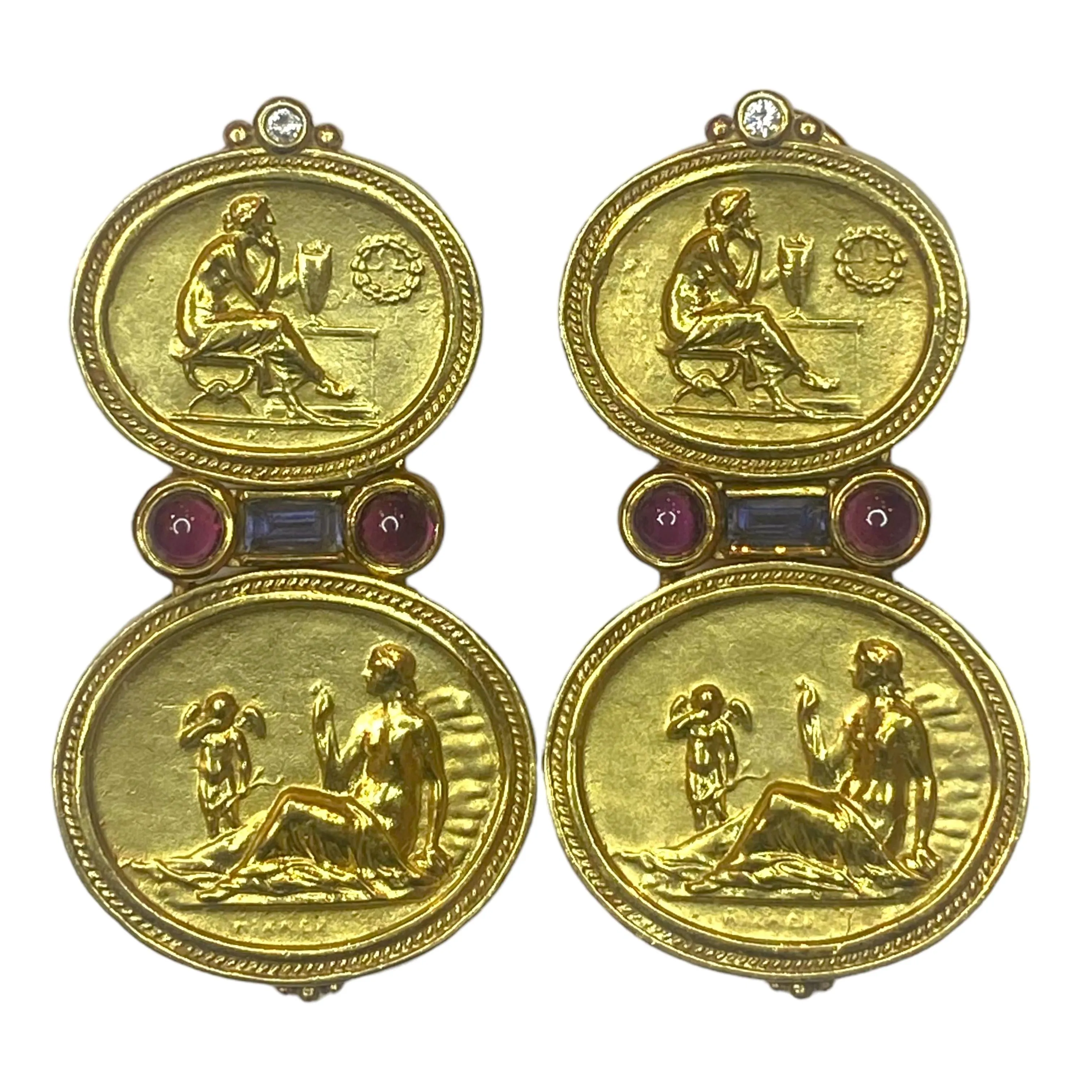 SeidenGang 18K Gold Cameo Multi Gemstone Dangle Earrings
