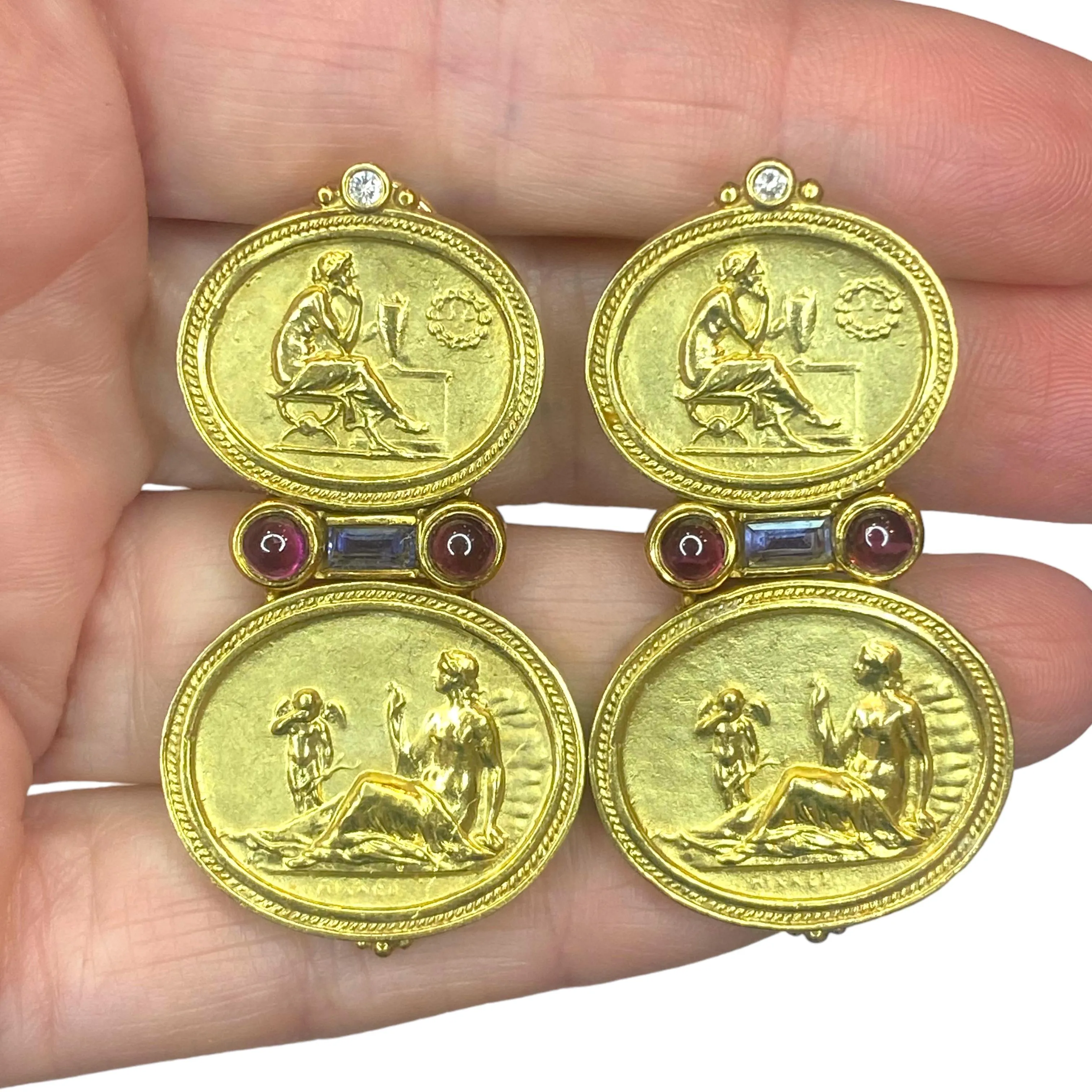 SeidenGang 18K Gold Cameo Multi Gemstone Dangle Earrings