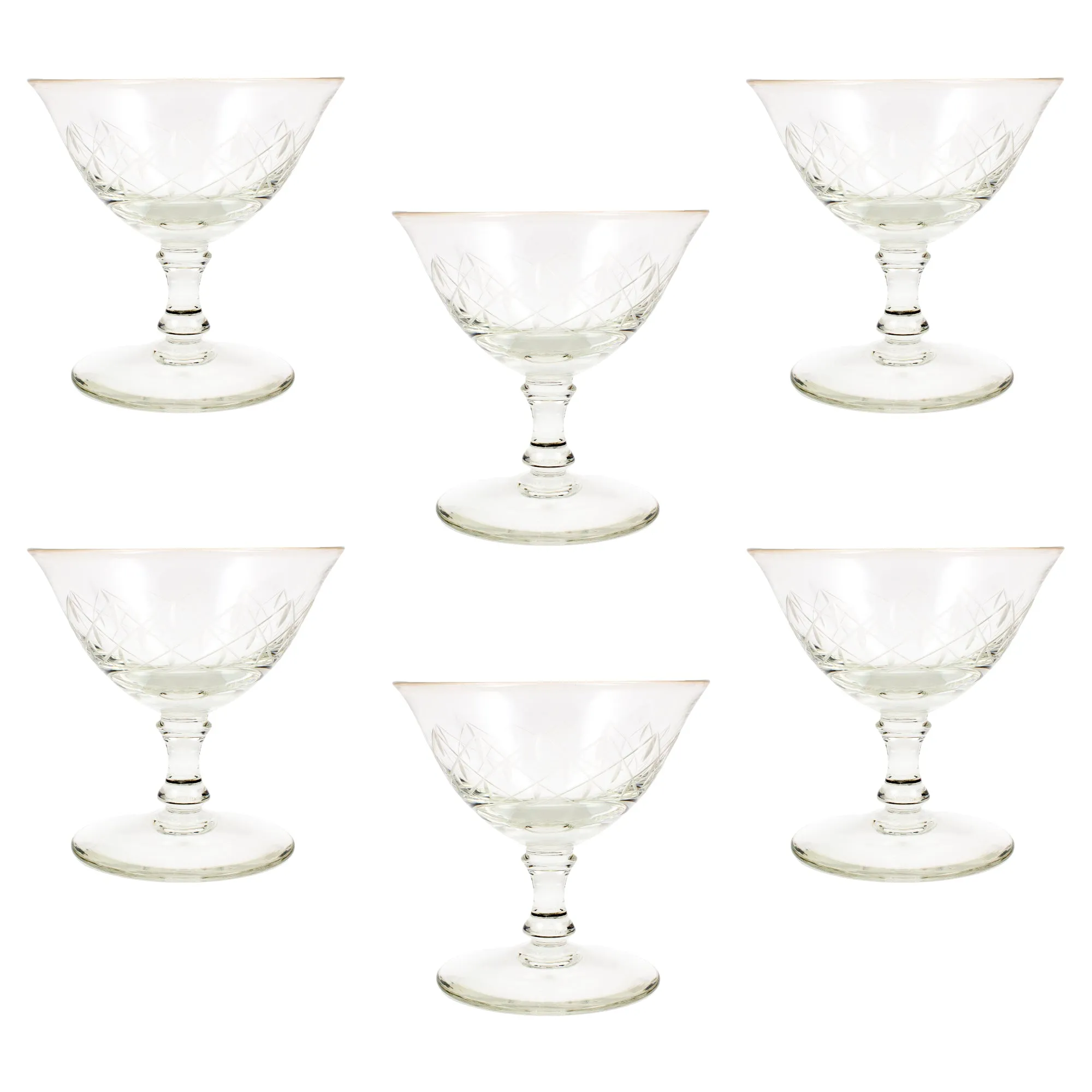 Set of Six Vintage French Cut Crystal Champagne Coupes