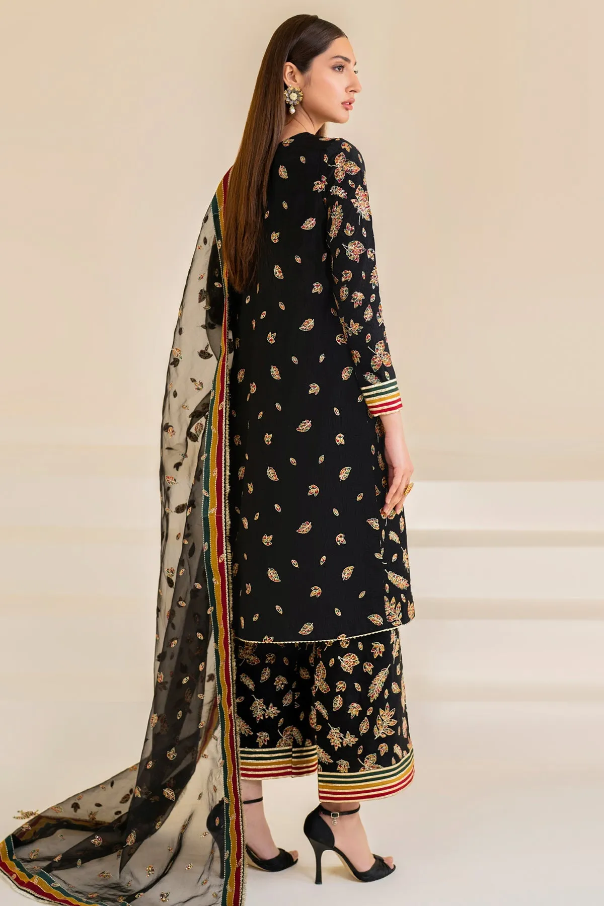 Silk Pakistani Embroidered Party Dress in Elegant Black Shade