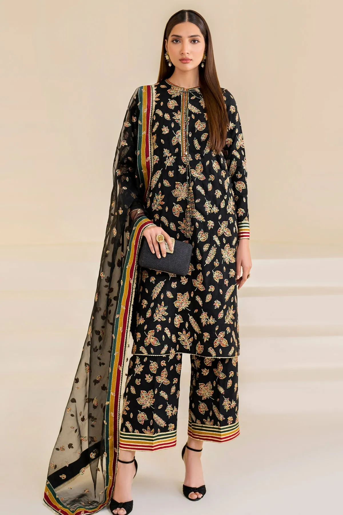 Silk Pakistani Embroidered Party Dress in Elegant Black Shade