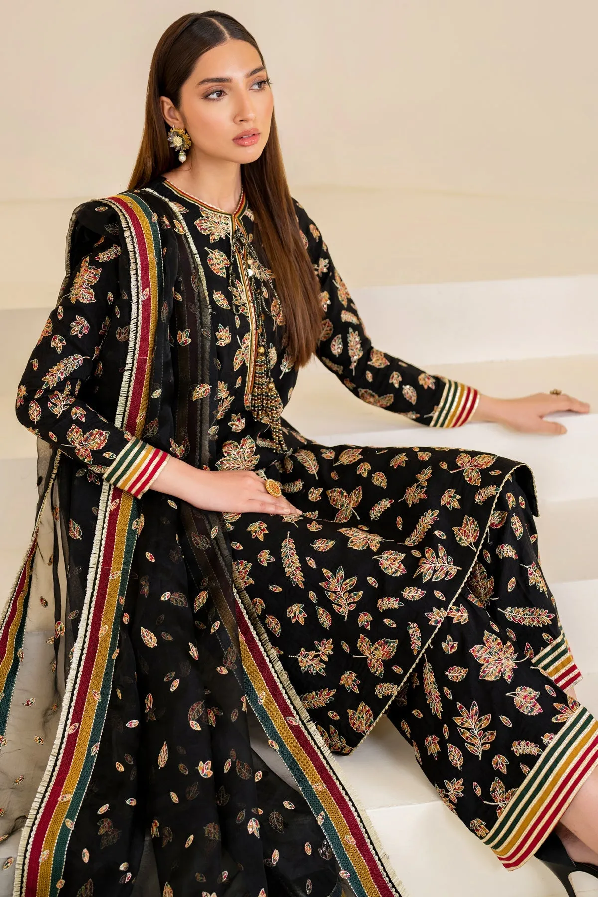 Silk Pakistani Embroidered Party Dress in Elegant Black Shade