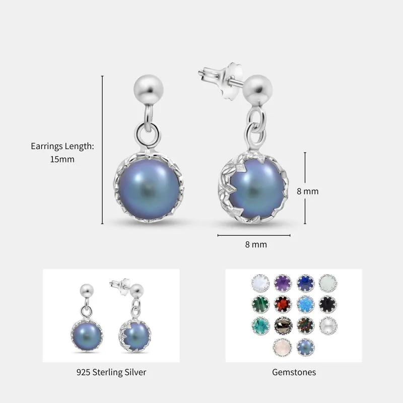 Silver Dangling Earrings with 8mm Black Pearl from a Sphere Hanger