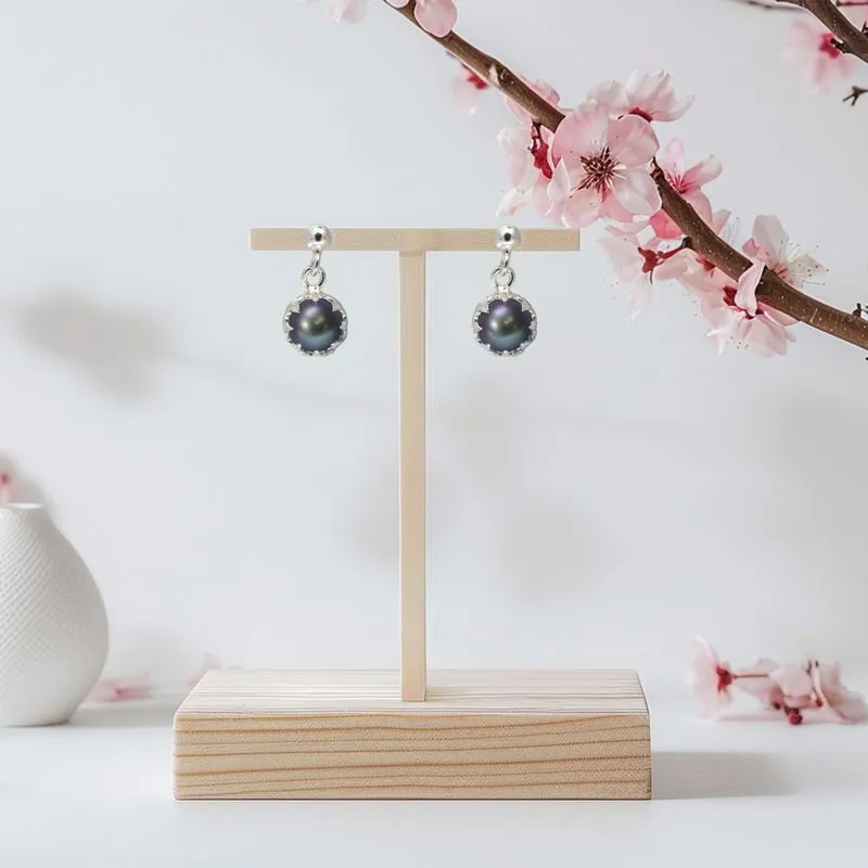 Silver Dangling Earrings with 8mm Black Pearl from a Sphere Hanger