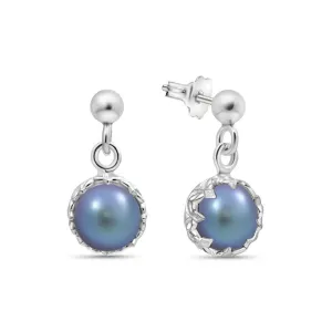 Silver Dangling Earrings with 8mm Black Pearl from a Sphere Hanger