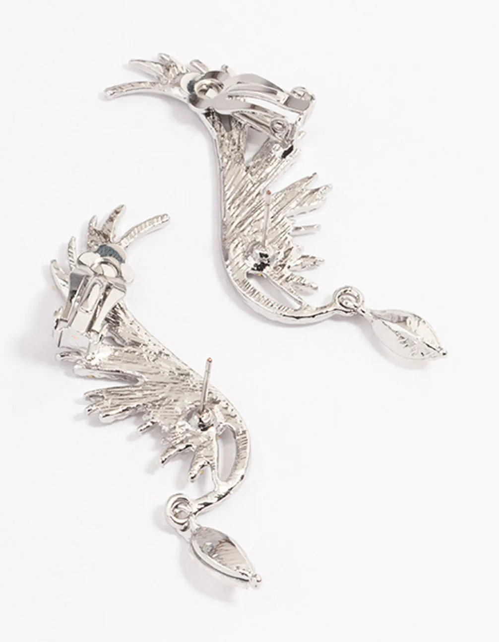 Silver Diamante Wing Drop Cuff Earrings