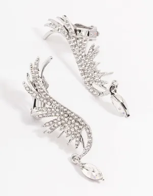 Silver Diamante Wing Drop Cuff Earrings