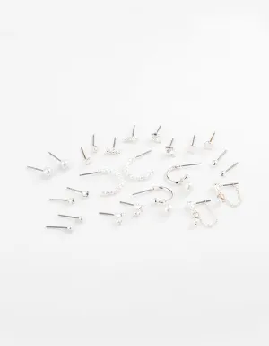 Silver Pearl Mixed Stud & Hoop Earring 12-Pack