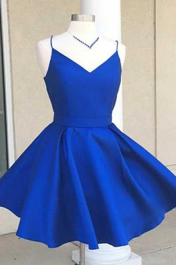 Simple Royal Blue Spaghetti Straps Homecoming Dresses With Ribbon, MH528