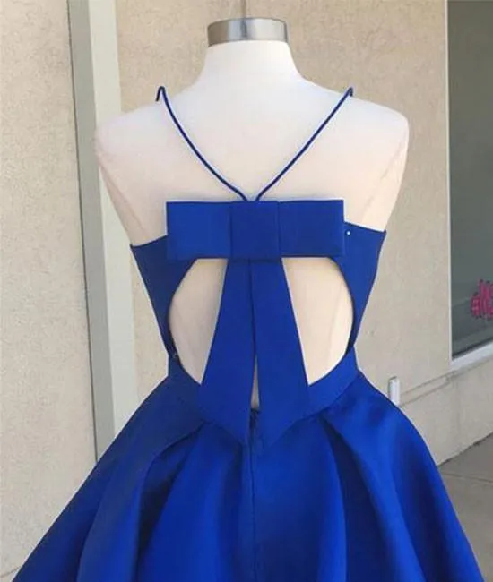 Simple Royal Blue Spaghetti Straps Homecoming Dresses With Ribbon, MH528