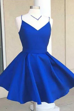 Simple Royal Blue Spaghetti Straps Homecoming Dresses With Ribbon, MH528