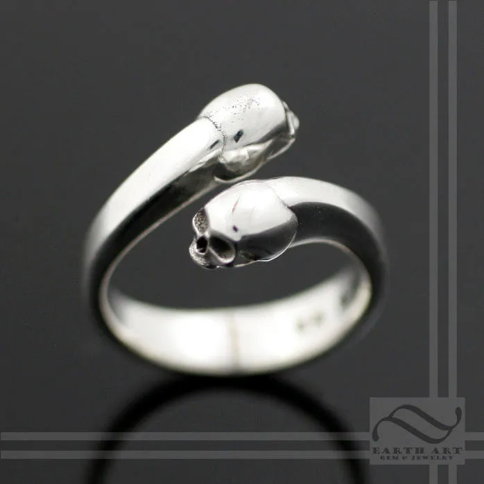 Skulls - Adjustable Sterling Silver Bypass ring - Gothic skull design open ring