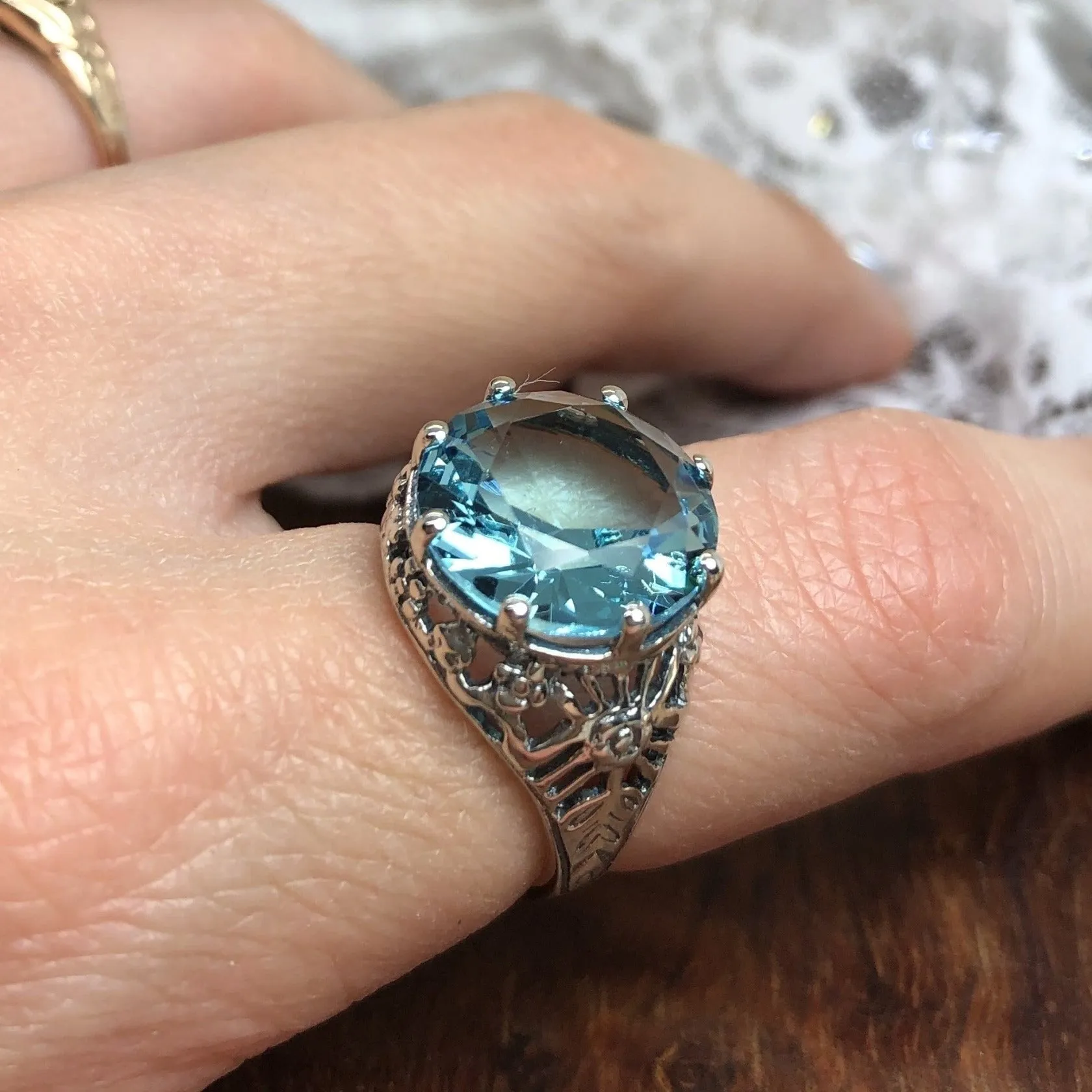 Sky Blue Aquamarine Ring, Size 9, Round Gem, Silver Crown Filigree Victorian Jewelry, D08 - Ready to Ship