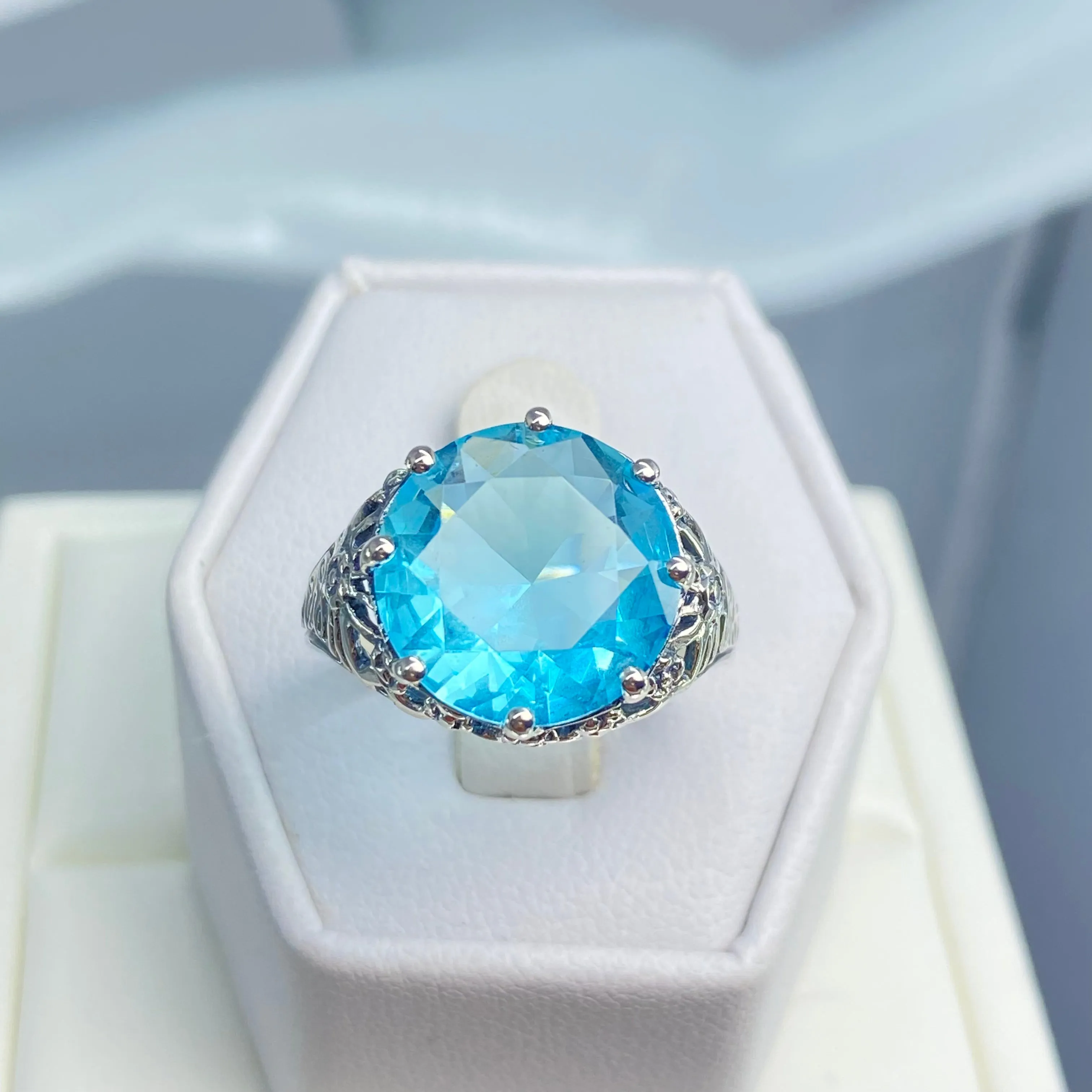 Sky Blue Aquamarine Ring, Size 9, Round Gem, Silver Crown Filigree Victorian Jewelry, D08 - Ready to Ship