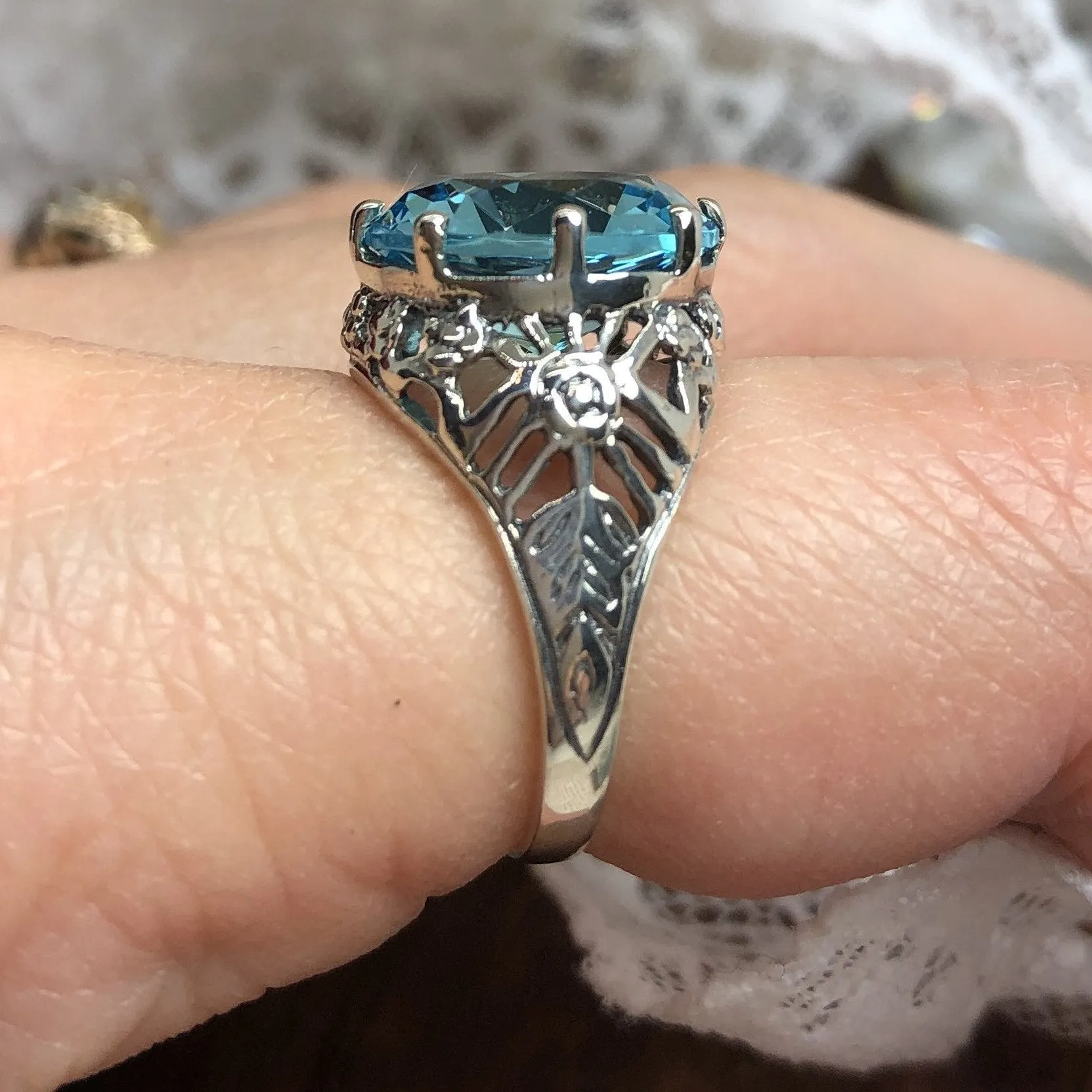 Sky Blue Aquamarine Ring, Size 9, Round Gem, Silver Crown Filigree Victorian Jewelry, D08 - Ready to Ship