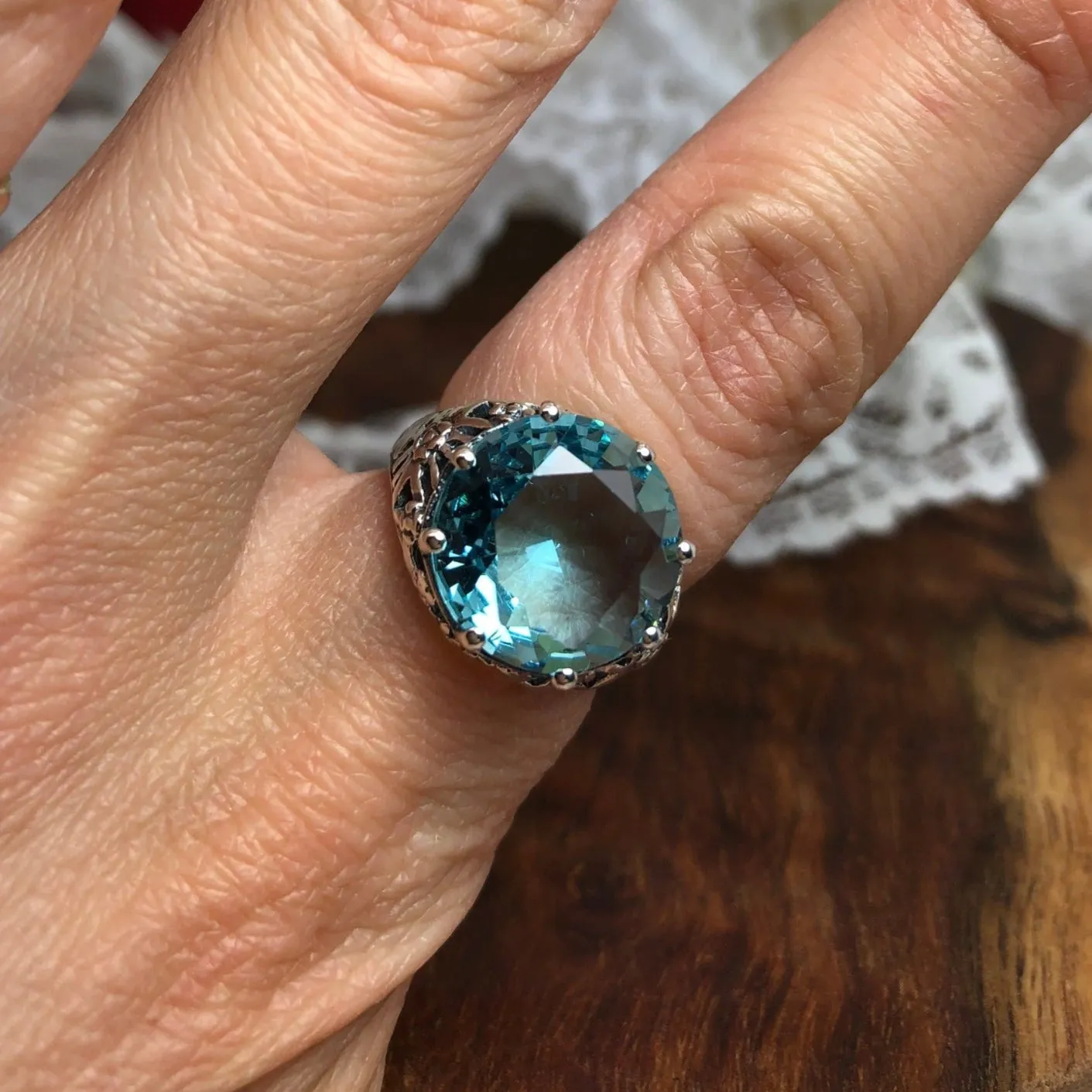 Sky Blue Aquamarine Ring, Size 9, Round Gem, Silver Crown Filigree Victorian Jewelry, D08 - Ready to Ship